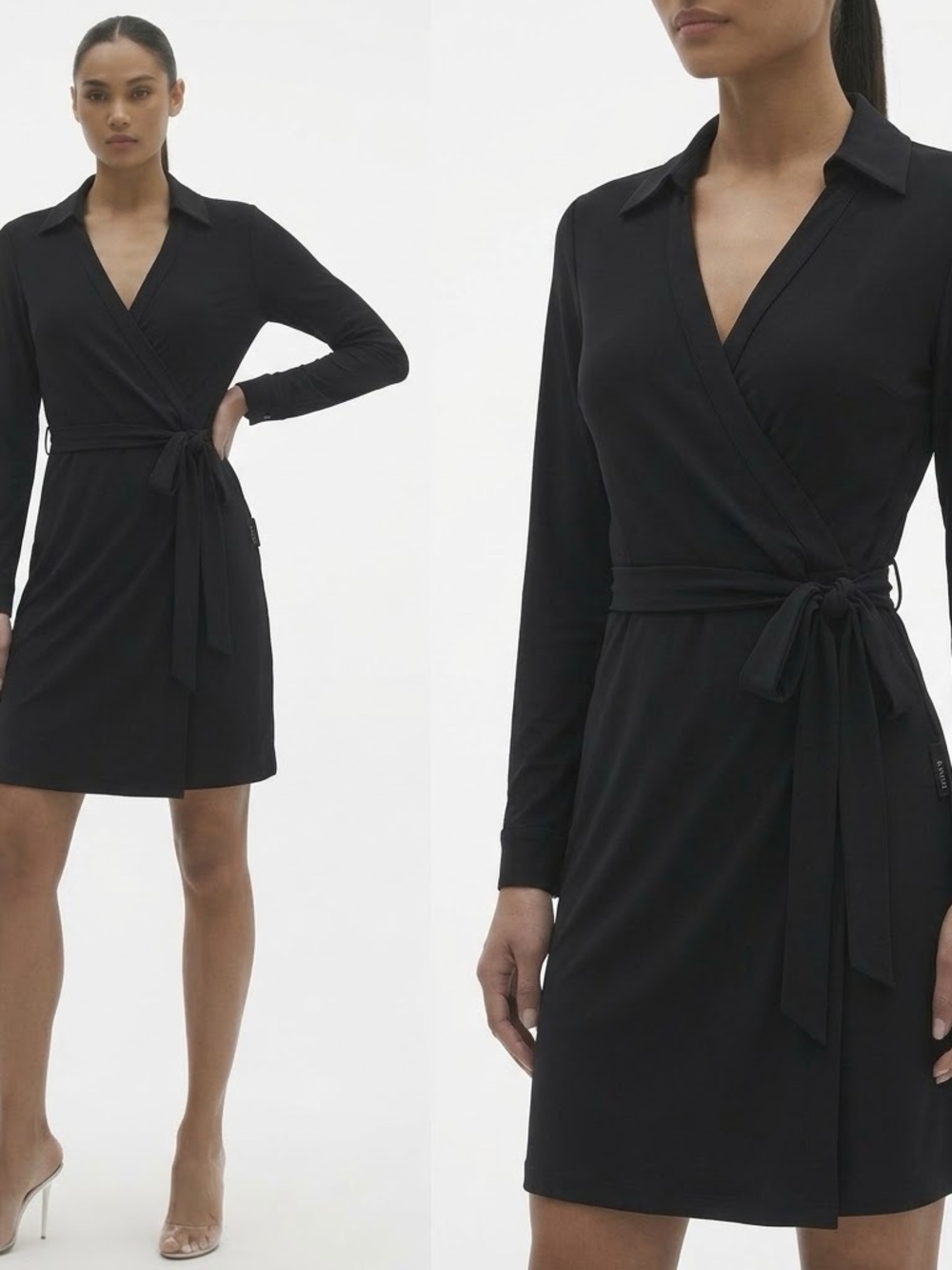 NWT Calvin Klein Black Wrap Dress with Tie Waist Collar Long Sleeve Jersey Solid